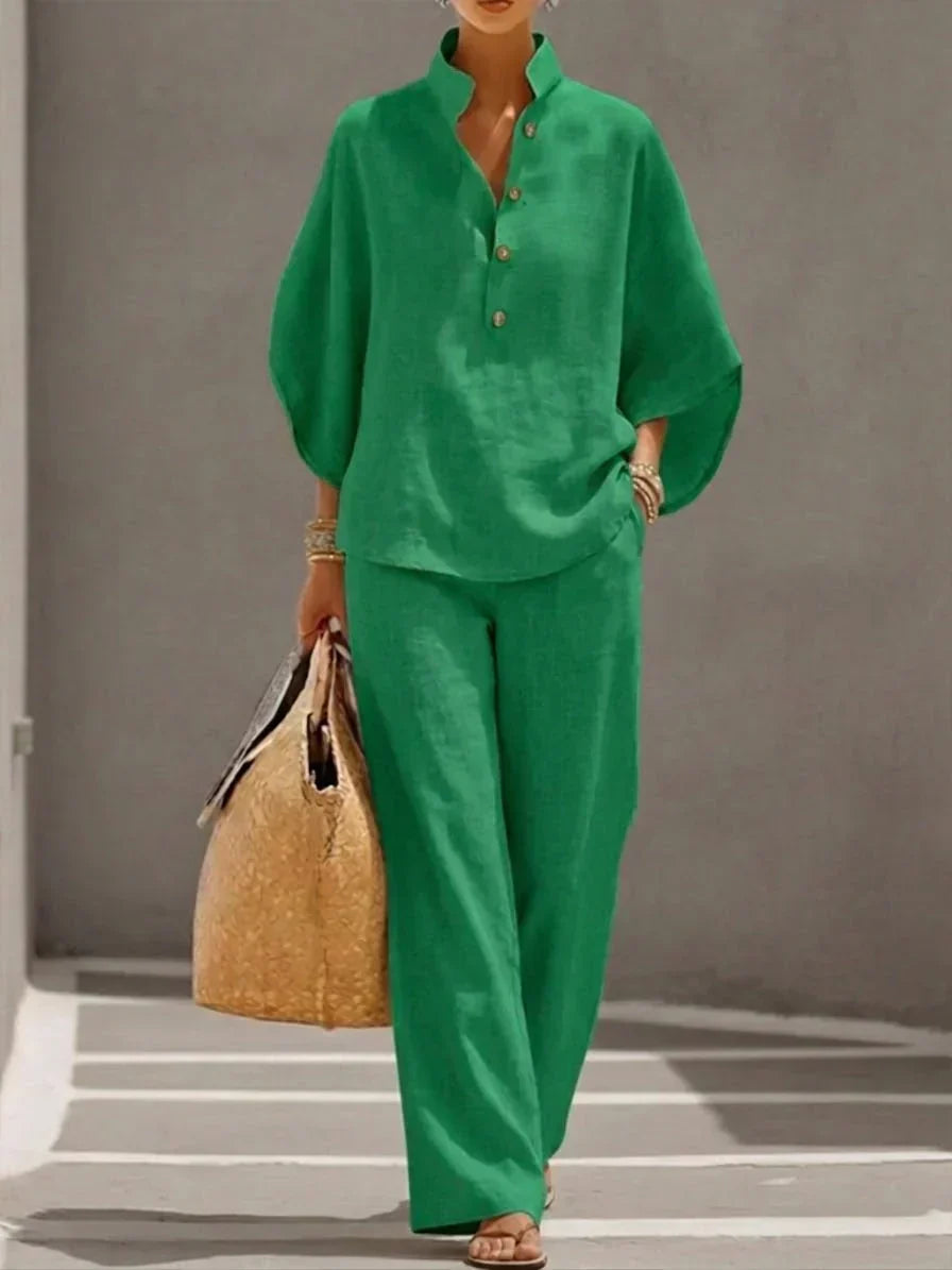 Gaia | Completo Lino Maniche Pipistrello Pantaloni Gamba Larga Verde