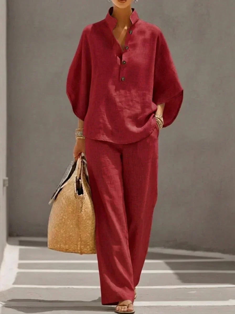 Gaia | Completo Lino Maniche Pipistrello Pantaloni Gamba Larga Rosso