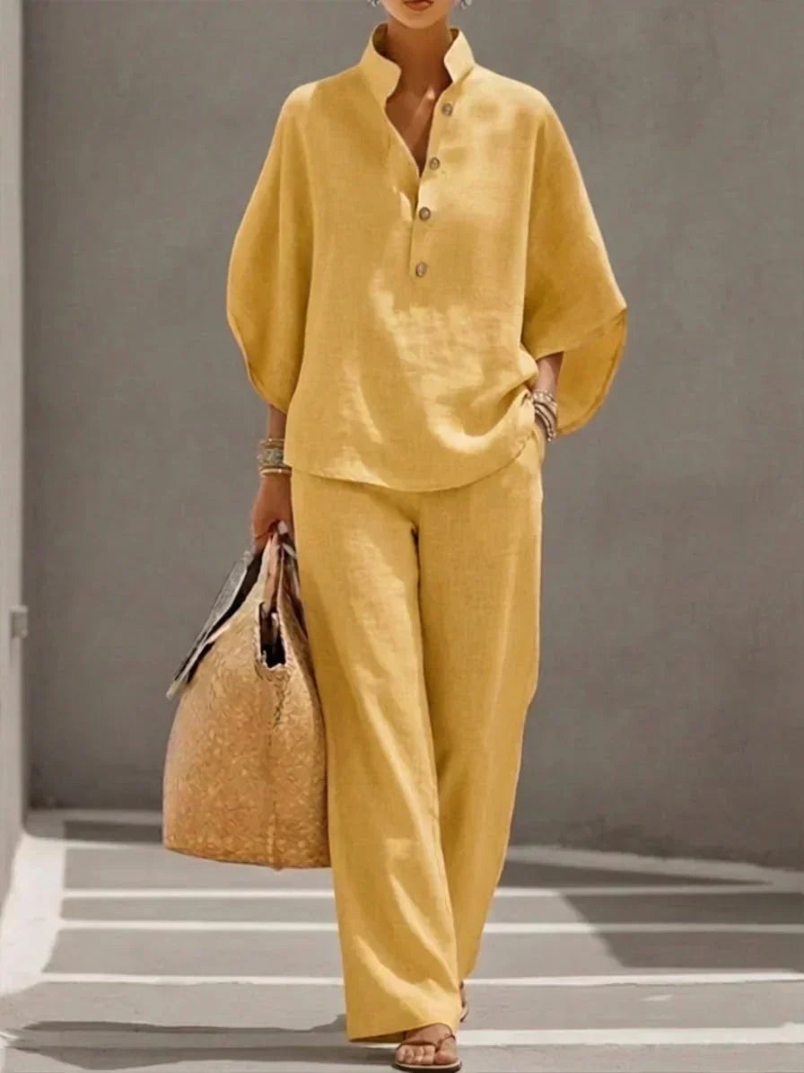 Gaia | Completo Lino Maniche Pipistrello Pantaloni Gamba Larga Giallo