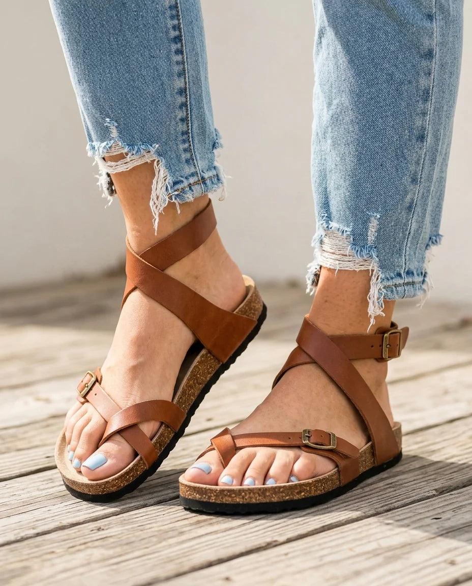 Gaia | Donna Sandali Bassi Pelle Incrocio Sughero Marrone
