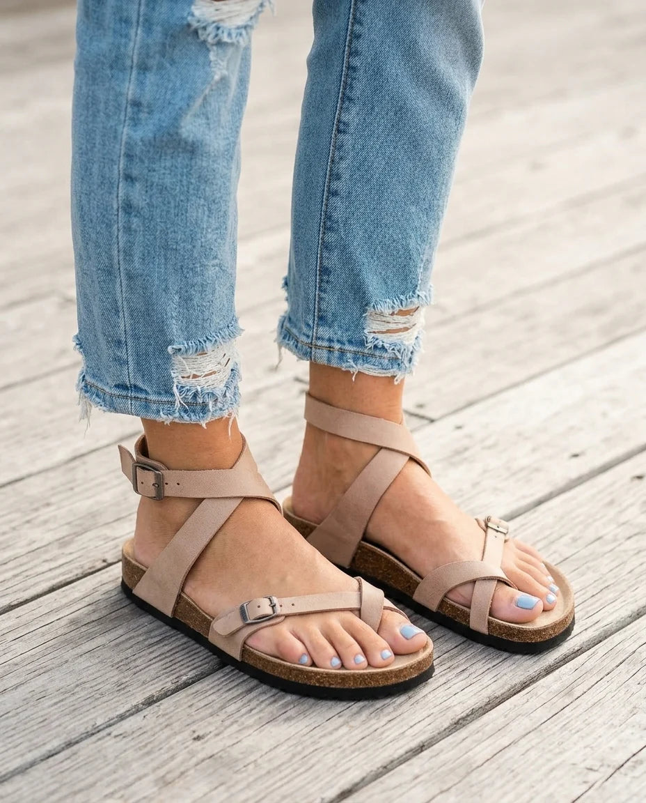 Gaia | Donna Sandali Bassi Pelle Incrocio Sughero Beige