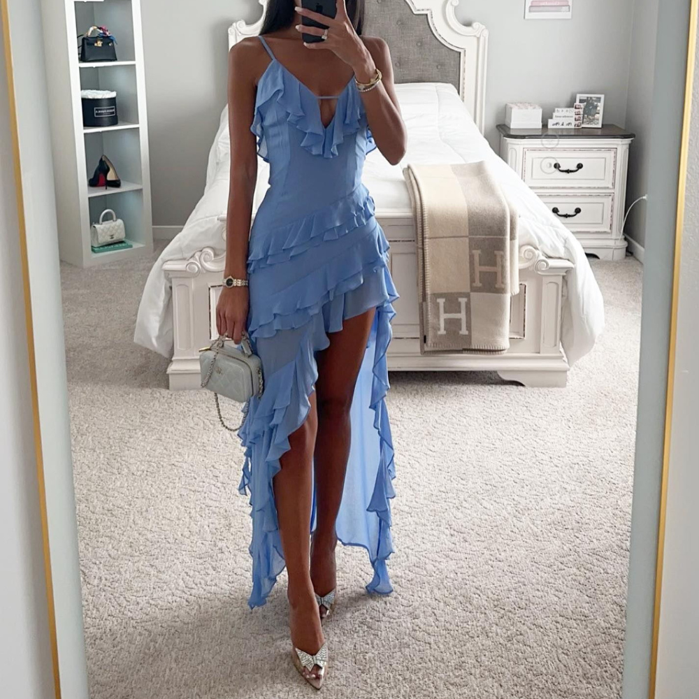 Giorgia | Abito Midi Elegante Donna Balze Asimmetriche Blu