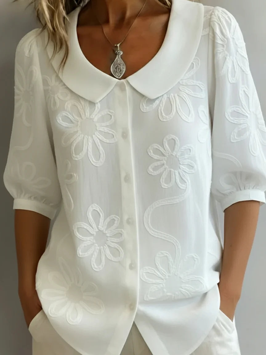 Giorgia | Camicia Donna Ricamo Floreale Colletto Bianco