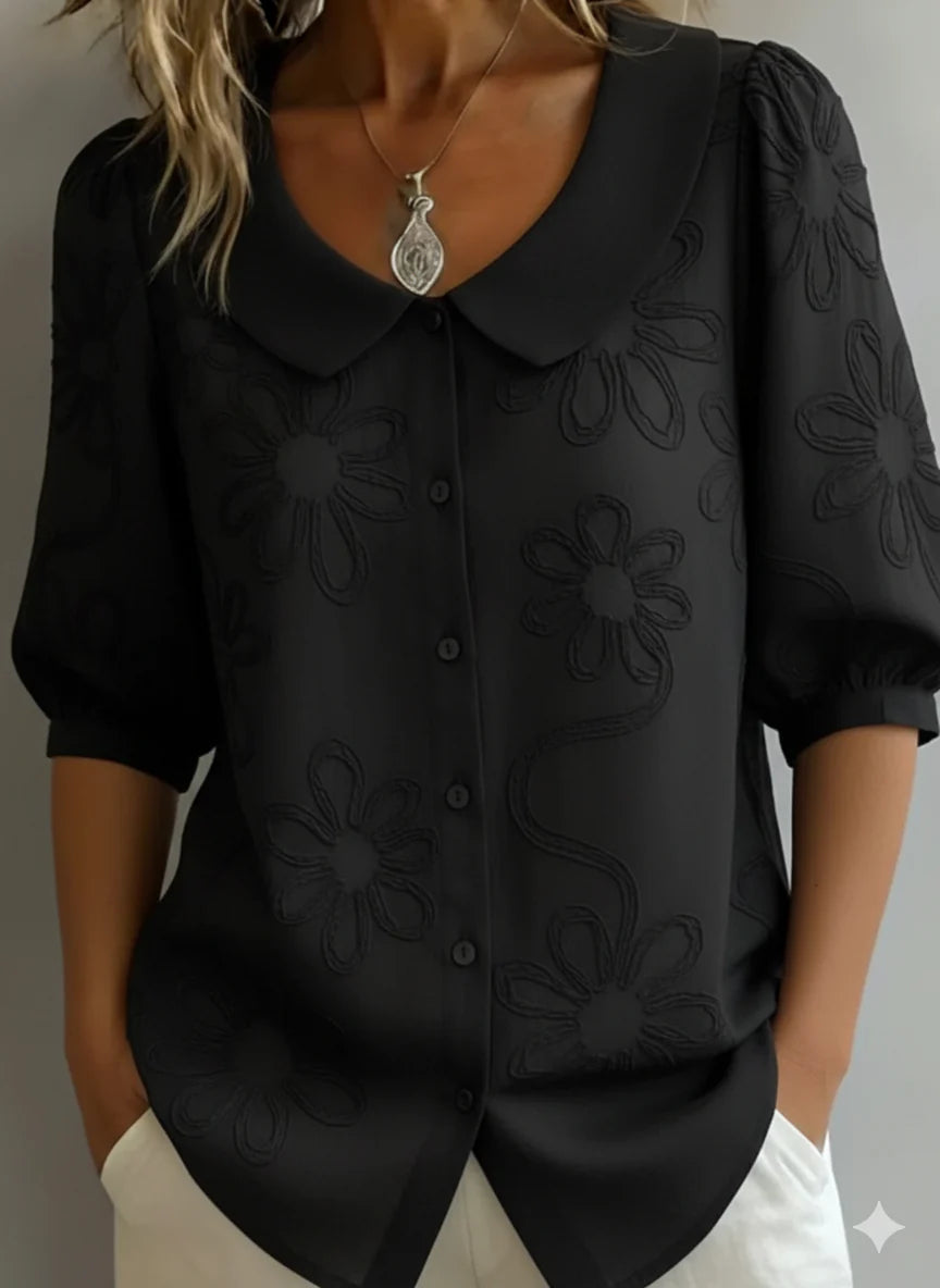 Giorgia | Camicia Donna Ricamo Floreale Colletto Nero