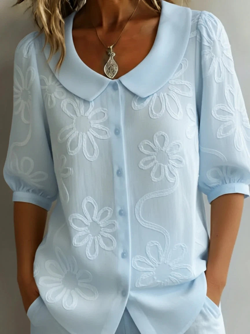 Giorgia | Camicia Donna Ricamo Floreale Colletto Blu