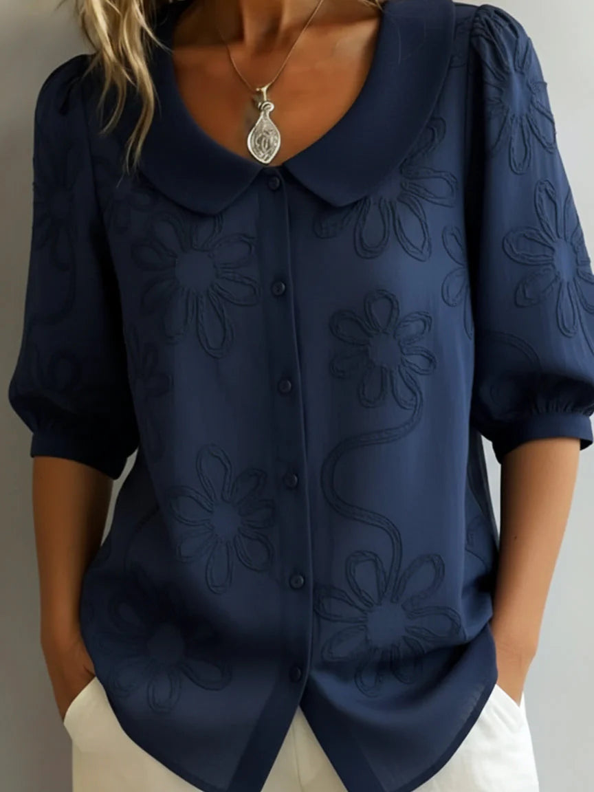 Giorgia | Camicia Donna Ricamo Floreale Colletto Blu Scuro