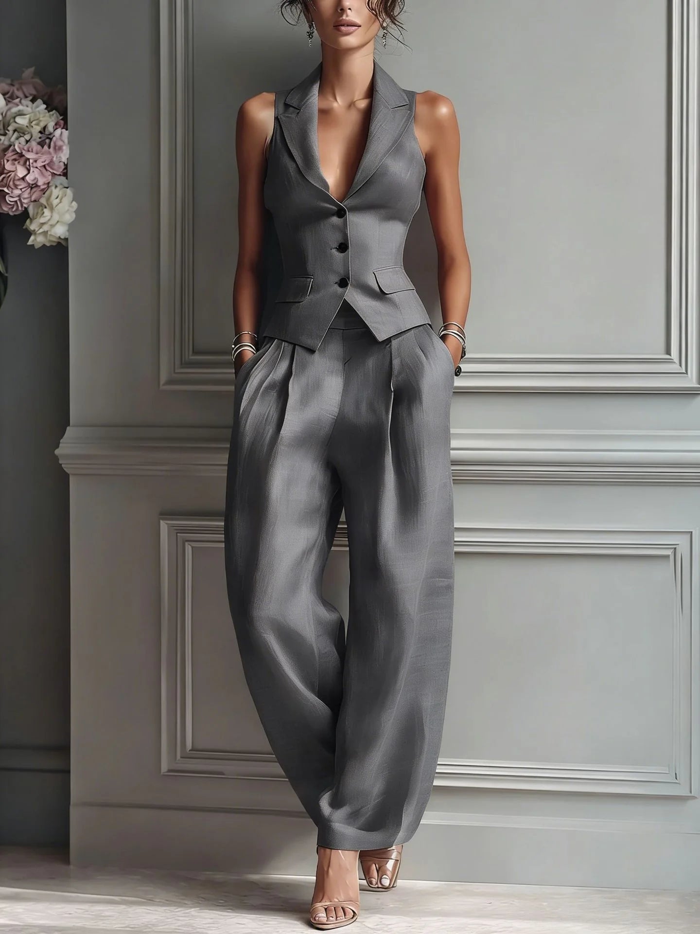 Giorgia | Completo Donna Gilet Senza Maniche e Pantalone Grigio