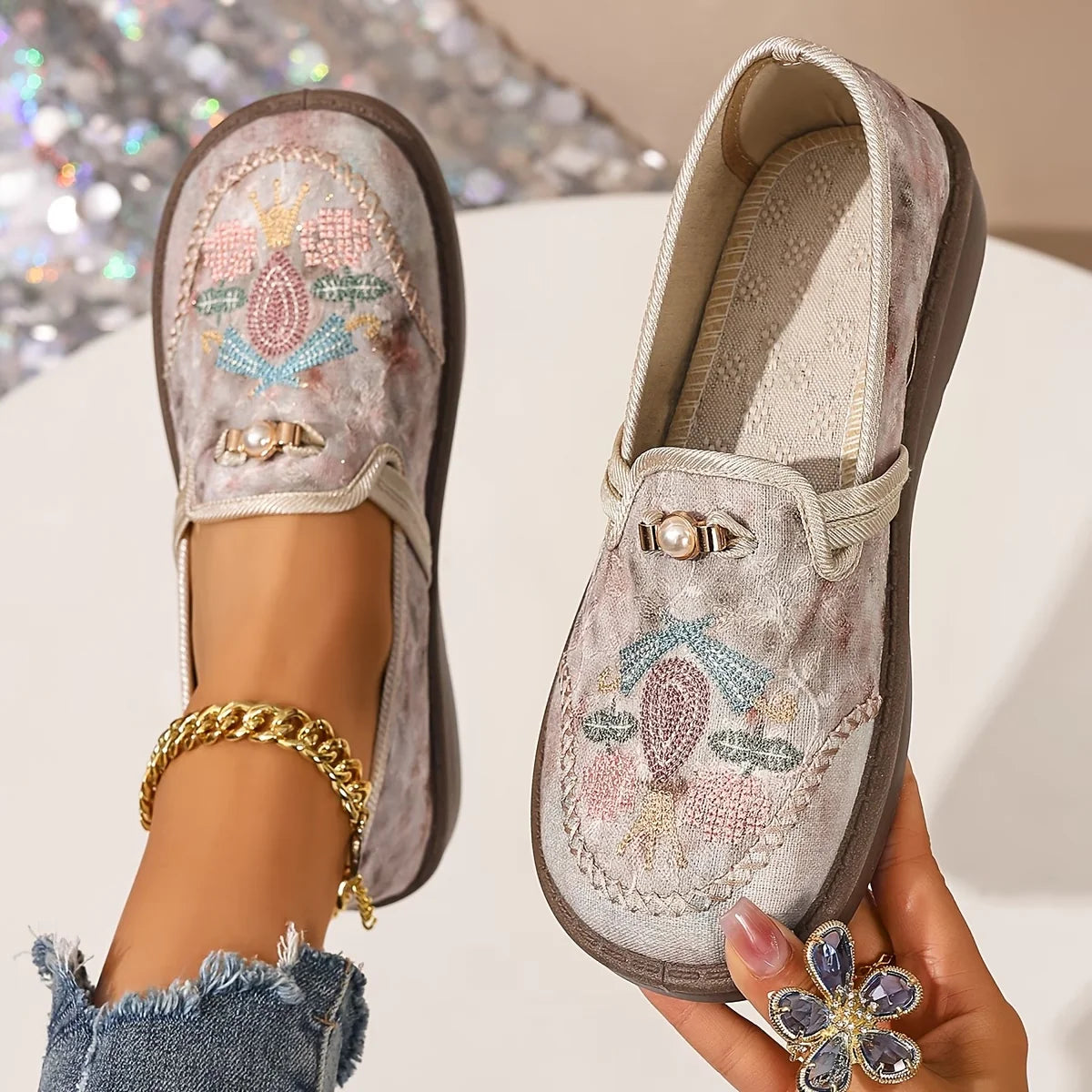 Giorgia | Loafers Donna Ricamati Perla Beige