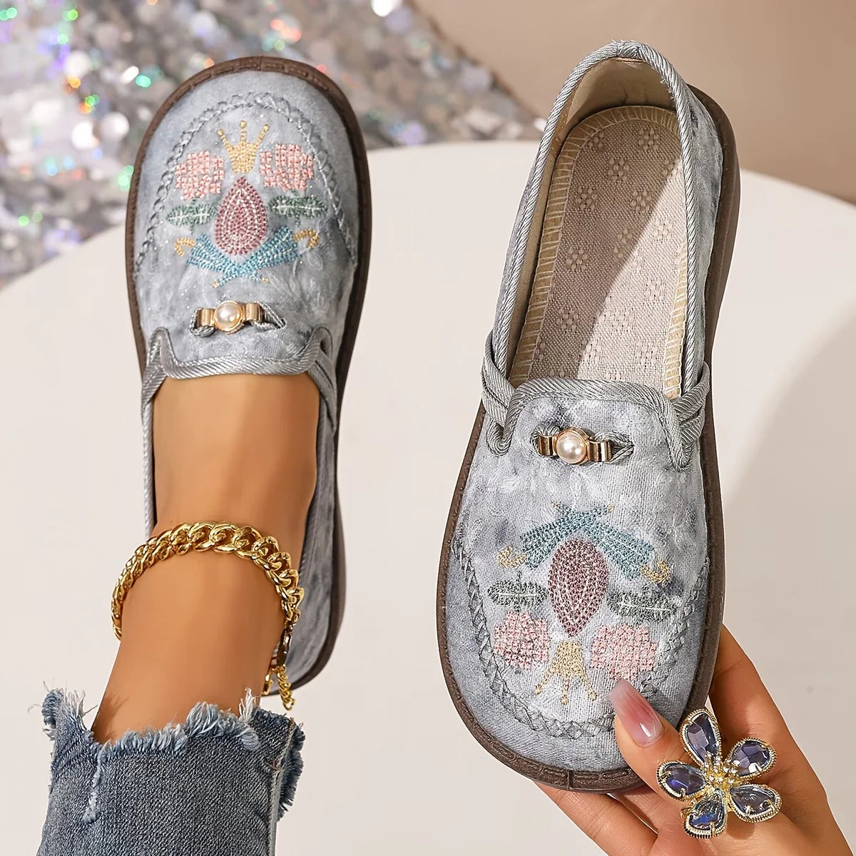 Giorgia | Loafers Donna Ricamati Perla Grigio