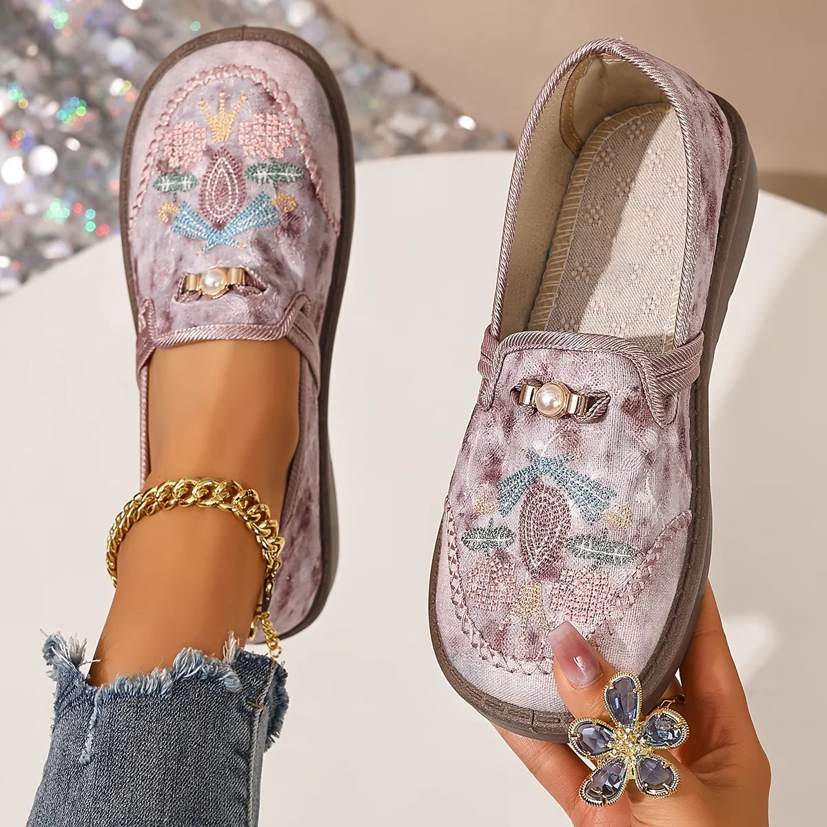 Giorgia | Loafers Donna Ricamati Perla Rosa