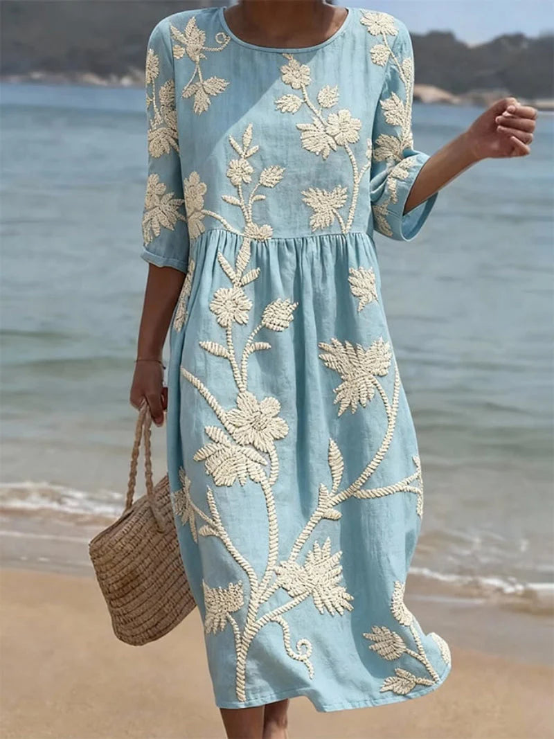 Giorgia | Vestito Midi Ricamo Floreale Azzurro