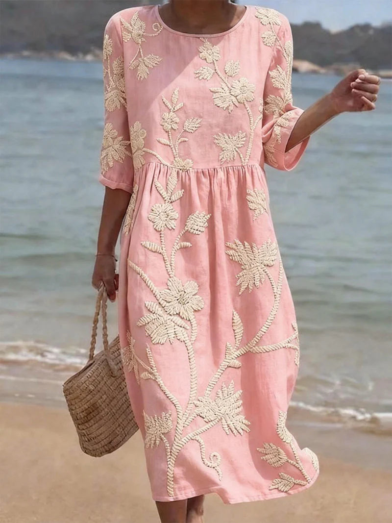 Giorgia | Vestito Midi Ricamo Floreale Rosa Chiaro