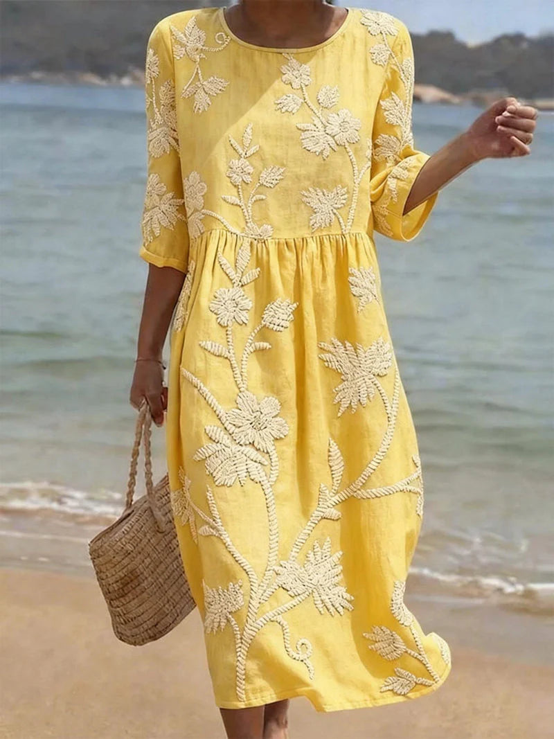 Giorgia | Vestito Midi Ricamo Floreale Giallo