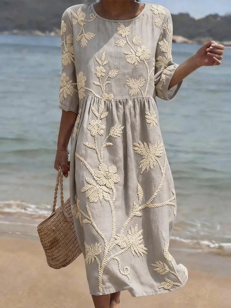 Giorgia | Vestito Midi Ricamo Floreale Grigio