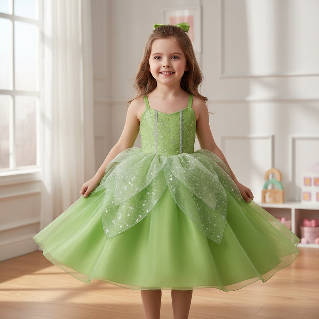 Girls' Fairy Costume Dress with Wings Tiara Wand and Gloves Complete Outfit Set - Image 1