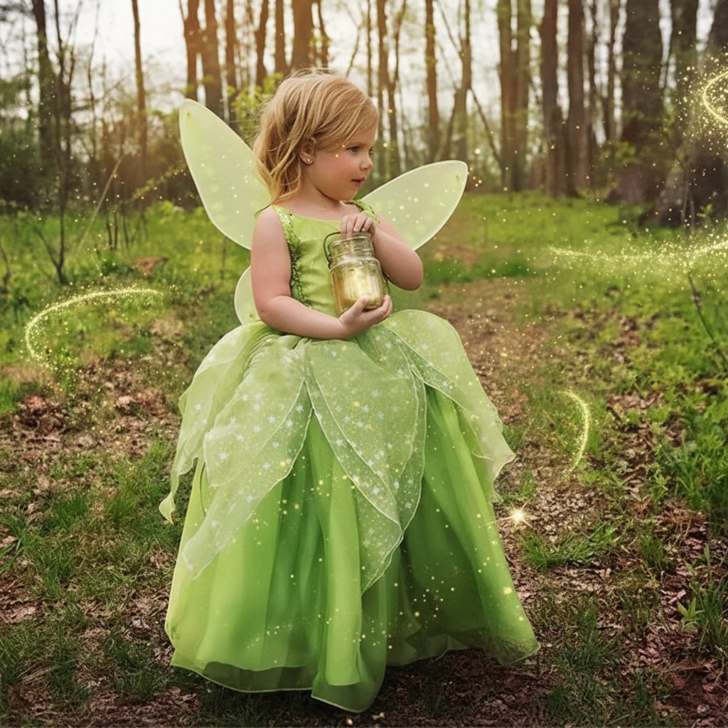 Girls' Fairy Costume Dress with Wings Tiara Wand and Gloves Complete Outfit Set - Image 2