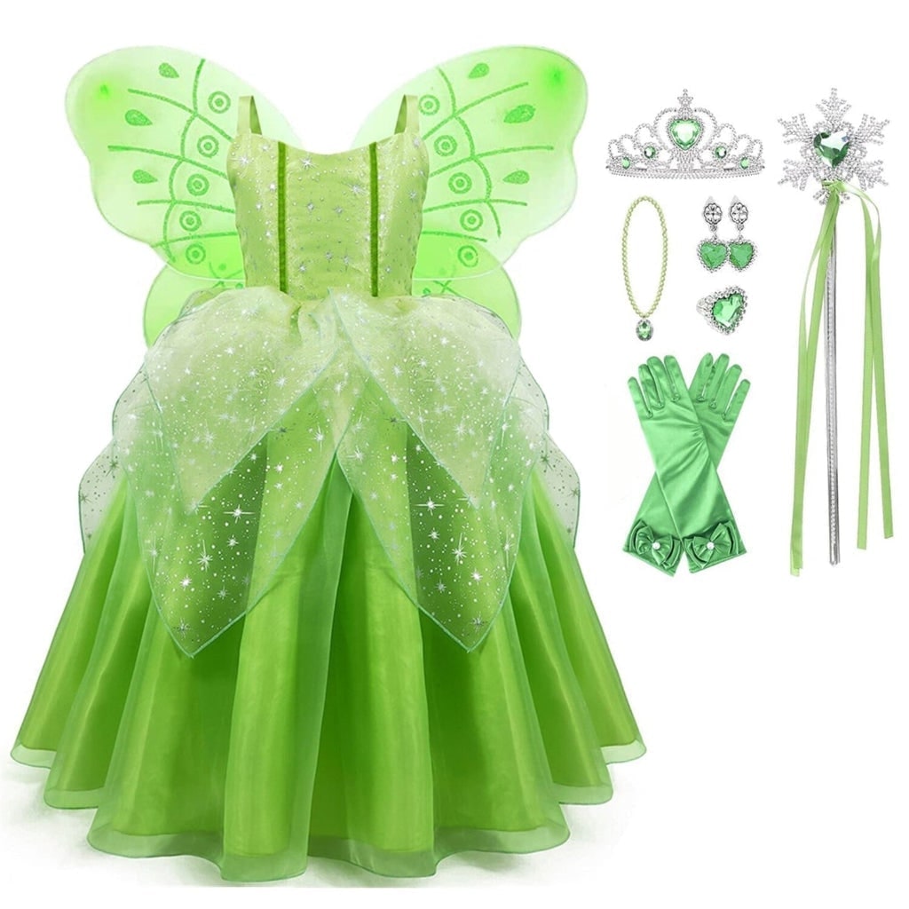 Girls' Fairy Costume Dress with Wings Tiara Wand and Gloves Complete Outfit Set - Image 3