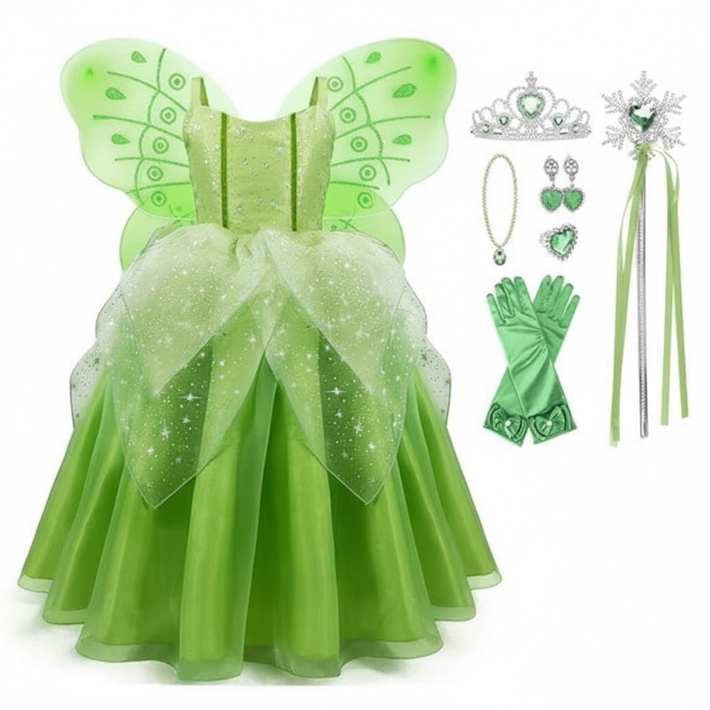 Girls' Fairy Costume Dress with Wings Tiara Wand and Gloves Complete Outfit Set - Image 5