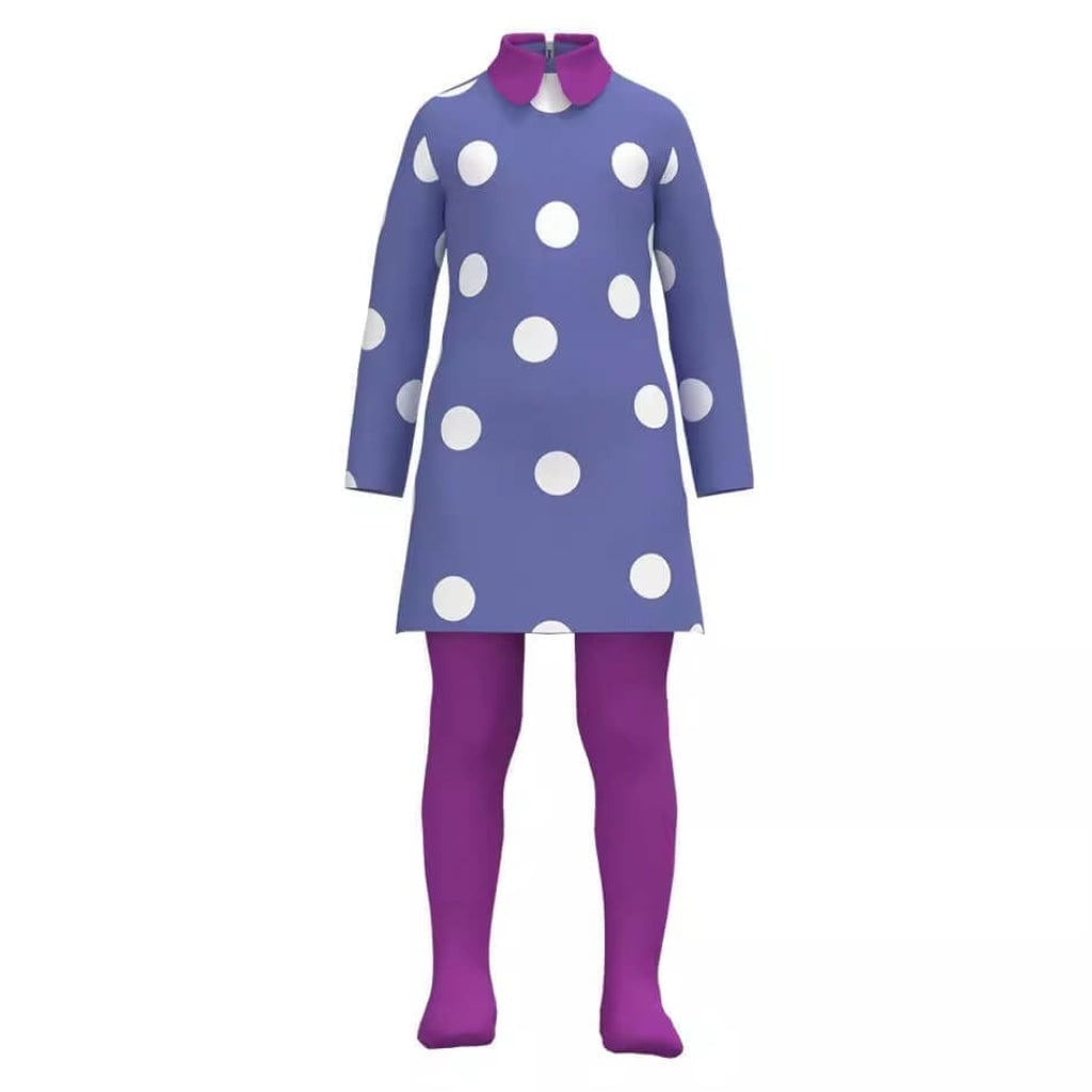 Girls' Halloween Character Costume Set with Purple Polka Dot Dress Teal and Tights - Image 3