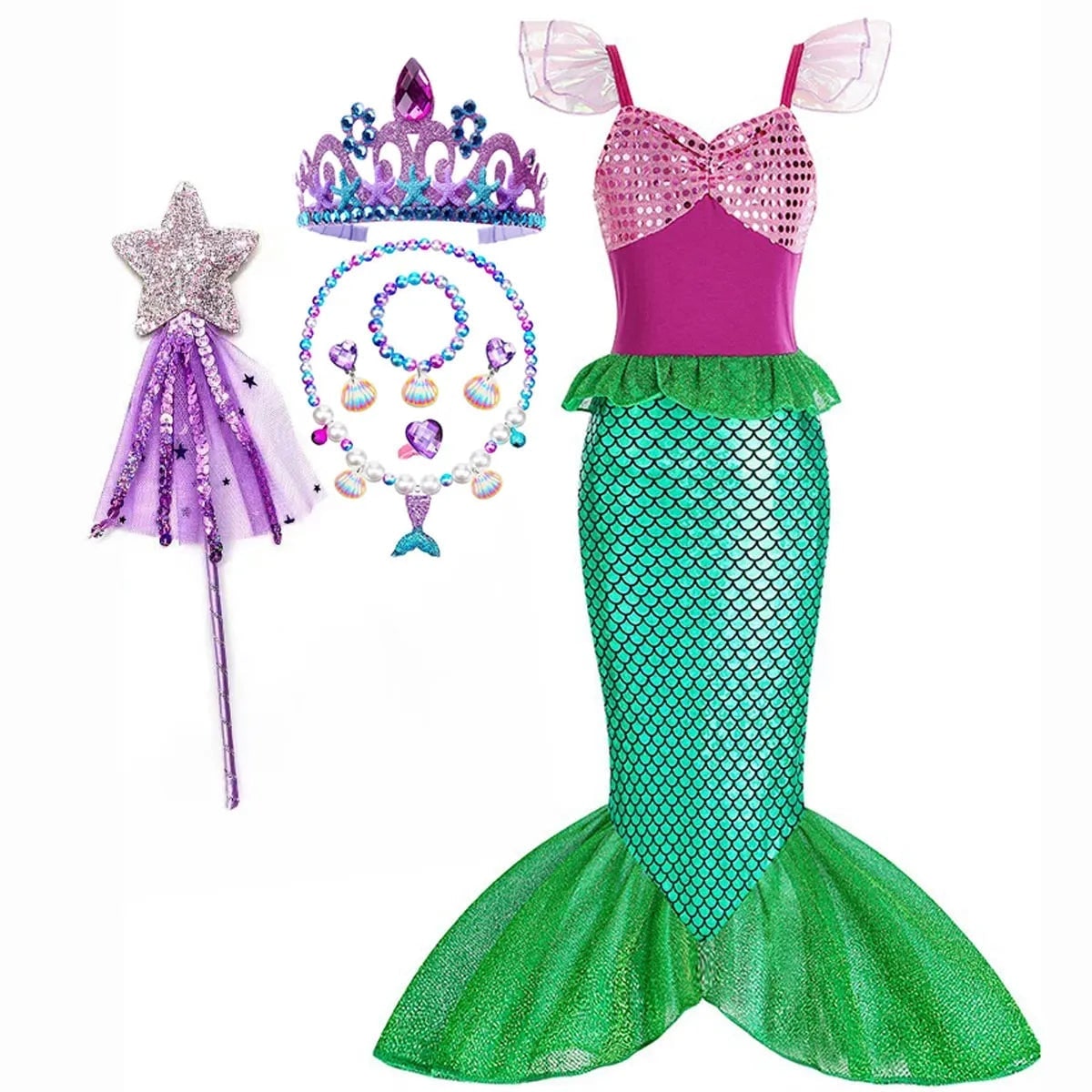 Girls' Halloween Mermaid Costume with Accessories for Dress-Up Party - Image 11