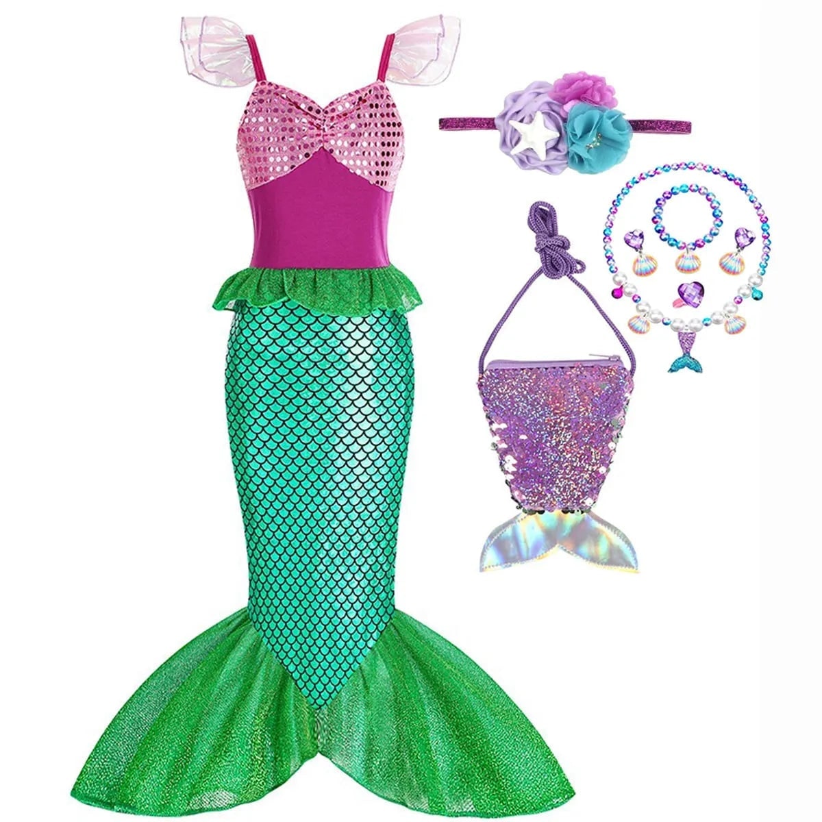 Girls' Halloween Mermaid Costume with Accessories for Dress-Up Party - Image 12