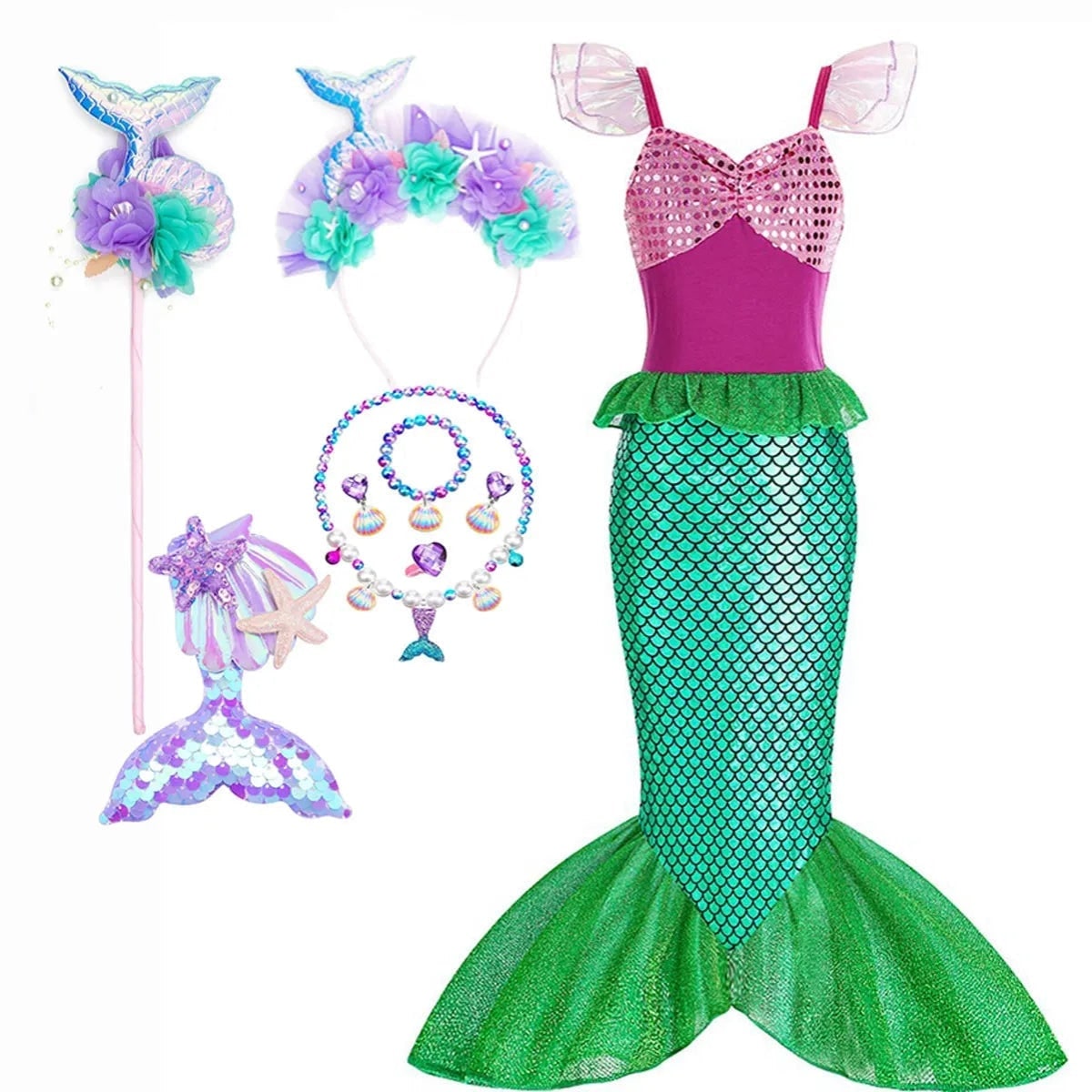 Girls' Halloween Mermaid Costume with Accessories for Dress-Up Party - Image 13