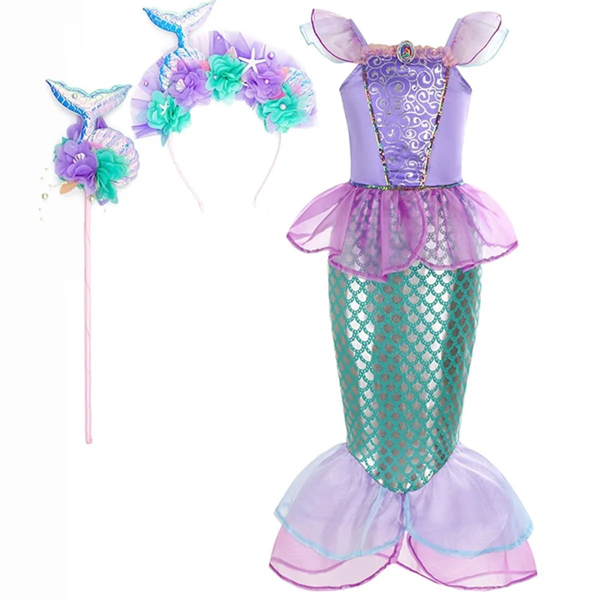 Girls' Halloween Mermaid Costume with Accessories for Dress-Up Party - Image 4