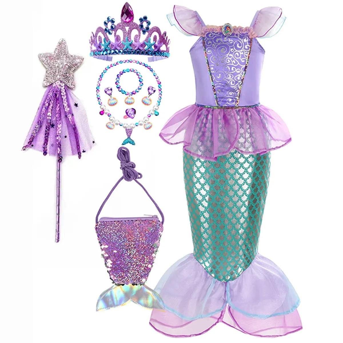 Girls' Halloween Mermaid Costume with Accessories for Dress-Up Party - Image 6