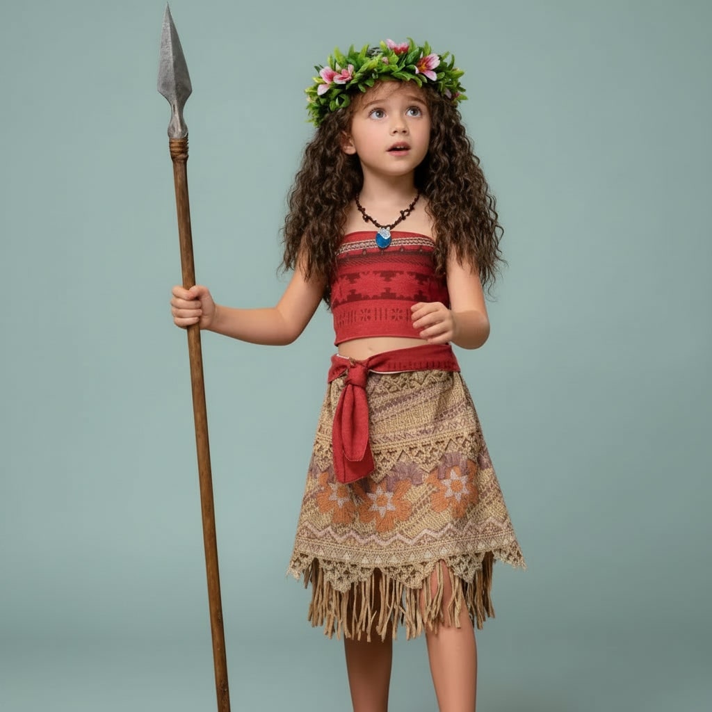 Girls' Halloween Princess Costume Two-Piece Set with Wig Flower Crown and Fringe Skirt - Image 2