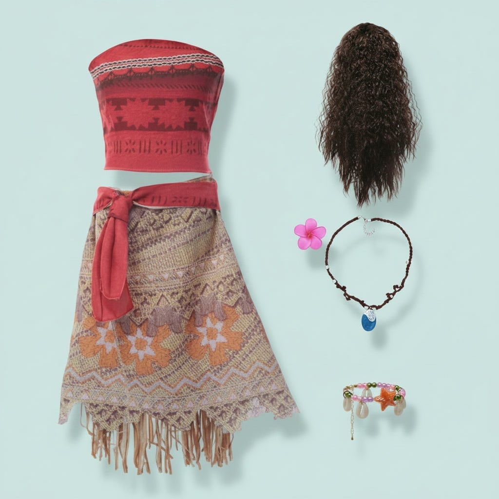 Girls' Halloween Princess Costume Two-Piece Set with Wig Flower Crown and Fringe Skirt - Image 4