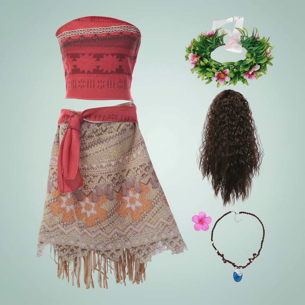 Girls' Halloween Princess Costume Two-Piece Set with Wig Flower Crown and Fringe Skirt - Image 5