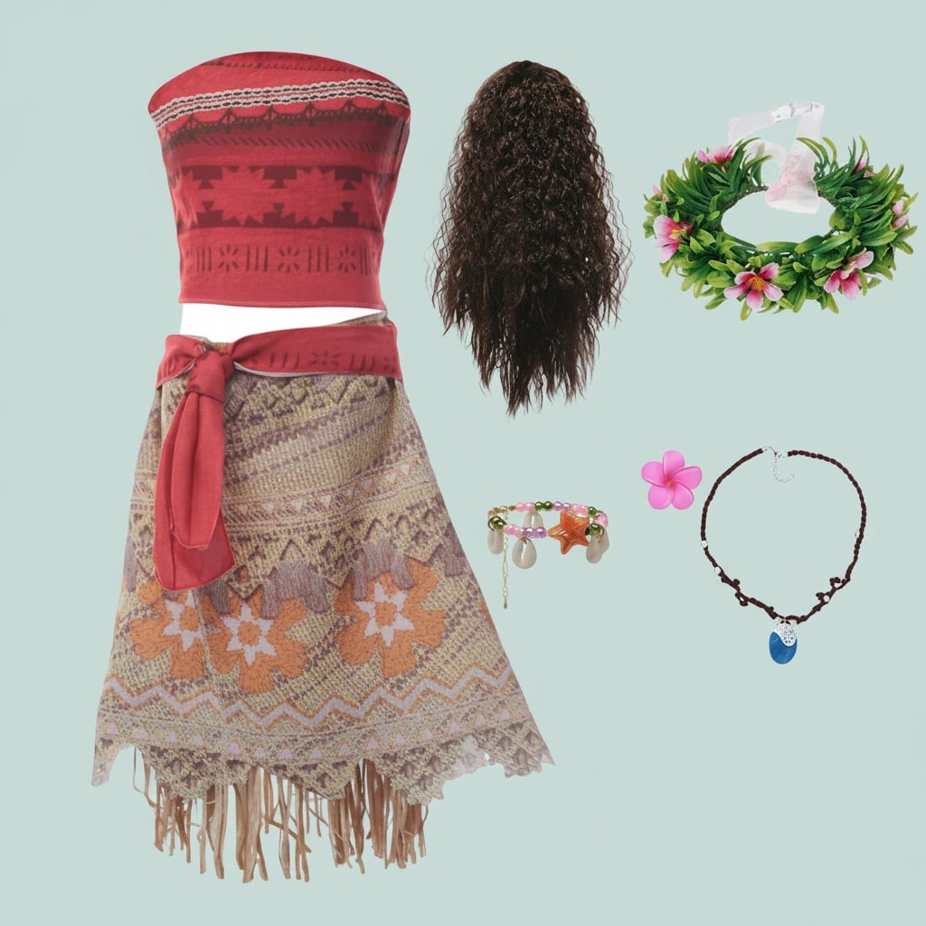 Girls' Halloween Princess Costume Two-Piece Set with Wig Flower Crown and Fringe Skirt - Image 7