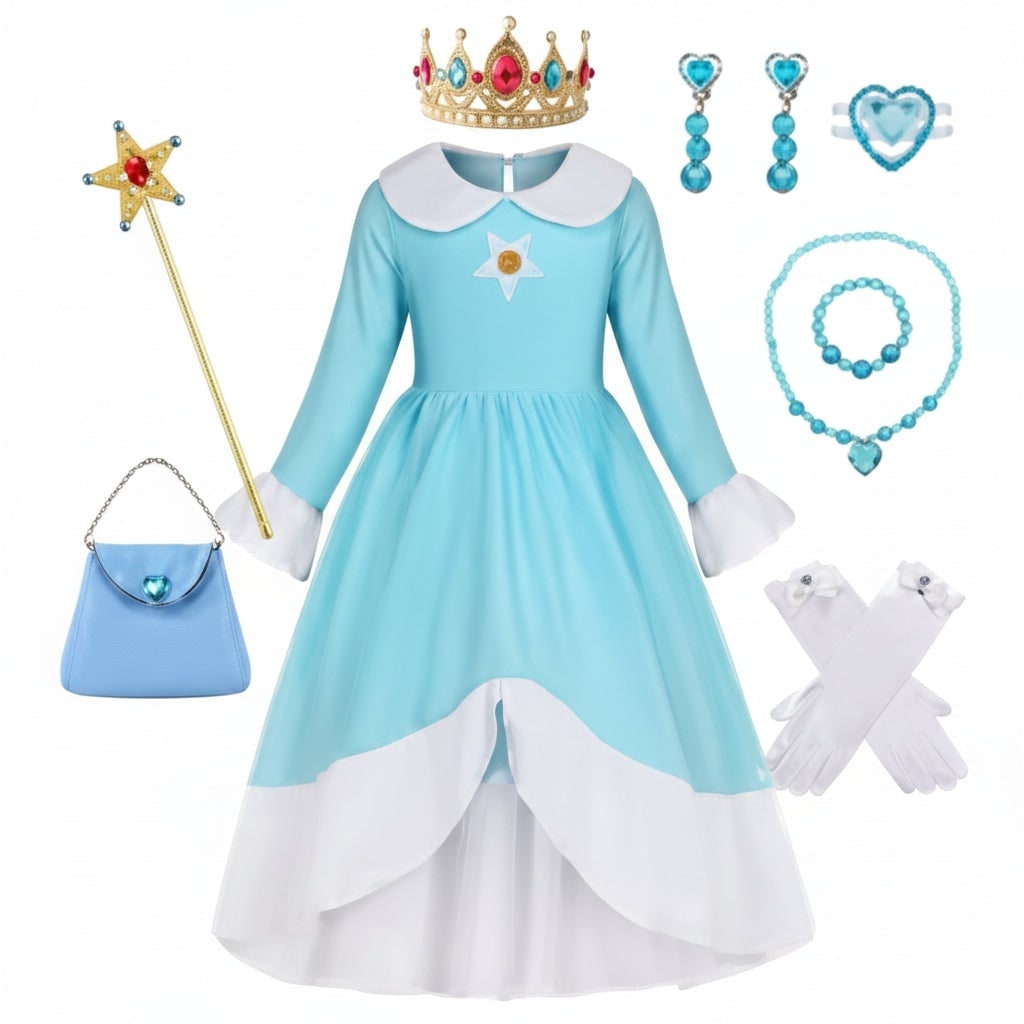 Girls' Halloween Princess Costume with Crown Wand Gloves and Accessories - Image 3