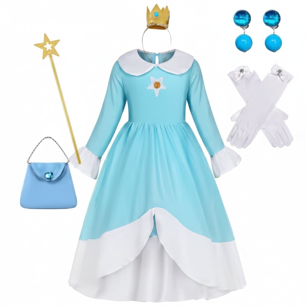 Girls' Halloween Princess Costume with Crown Wand Gloves and Accessories - Image 5