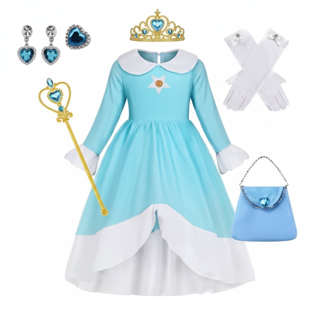 Girls' Halloween Princess Costume with Crown Wand Gloves and Accessories - Image 7