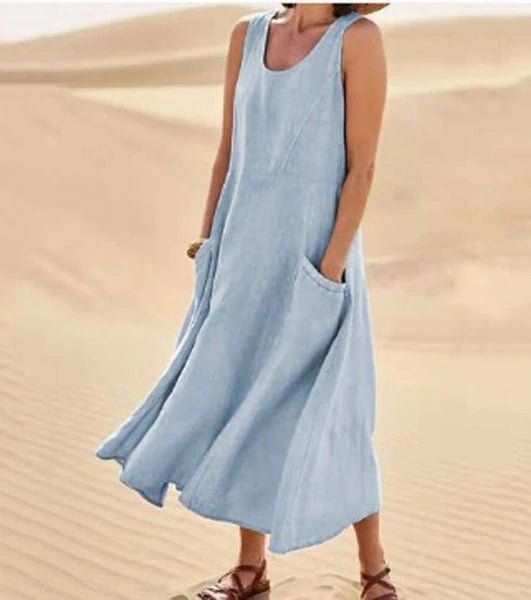 Giulia | Donna Abito Maxi in Lino Scollo Tondo Azzurro
