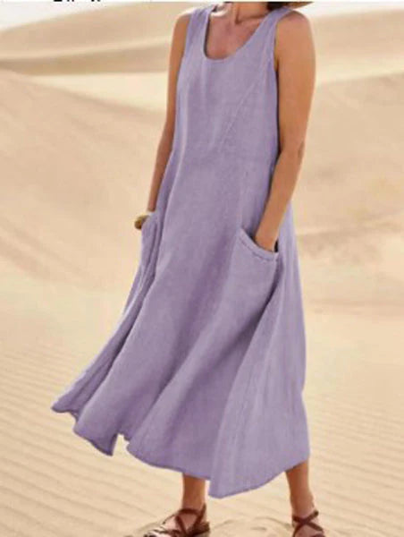 Giulia | Donna Abito Maxi in Lino Scollo Tondo Lilla