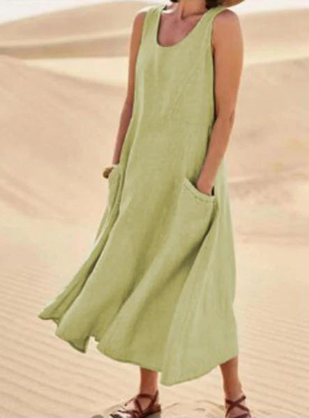 Giulia | Donna Abito Maxi in Lino Scollo Tondo Verde Chiaro