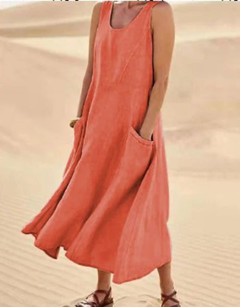 Giulia | Donna Abito Maxi in Lino Scollo Tondo Arancione