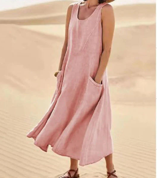 Giulia | Donna Abito Maxi in Lino Scollo Tondo Rosa