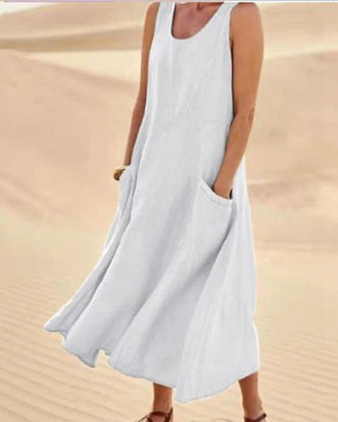 Giulia | Donna Abito Maxi in Lino Scollo Tondo Bianco