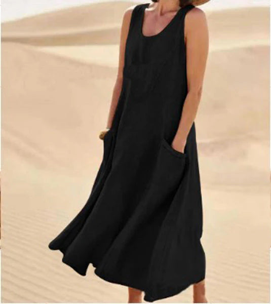 Giulia | Donna Abito Maxi in Lino Scollo Tondo Nero