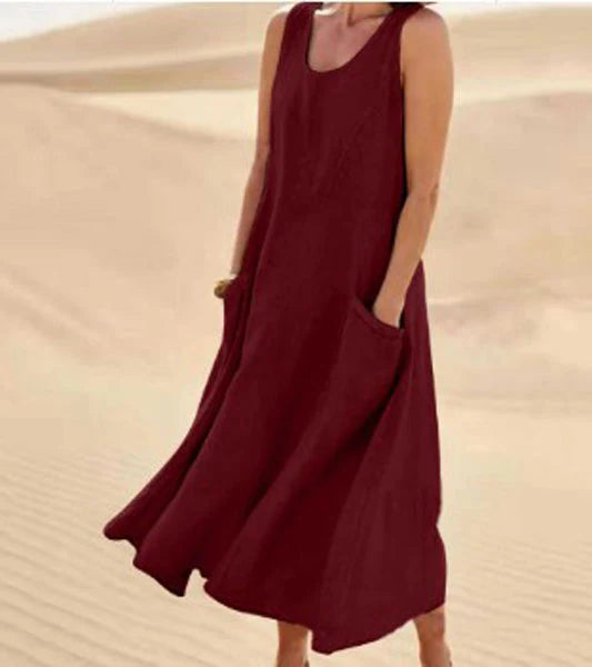 Giulia | Donna Abito Maxi in Lino Scollo Tondo Bordeaux Rosso