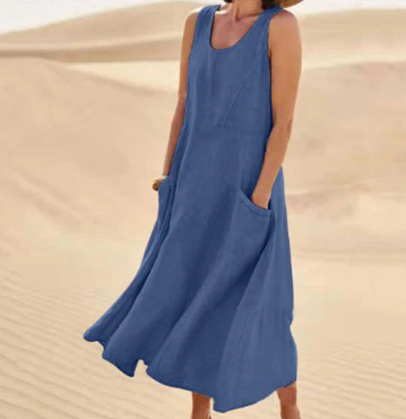 Giulia | Donna Abito Maxi in Lino Scollo Tondo Blu