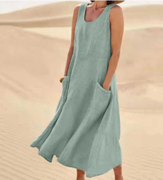 Giulia | Donna Abito Maxi in Lino Scollo Tondo Verde