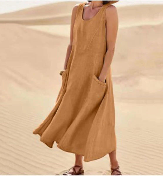 Giulia | Donna Abito Maxi in Lino Scollo Tondo Marrone