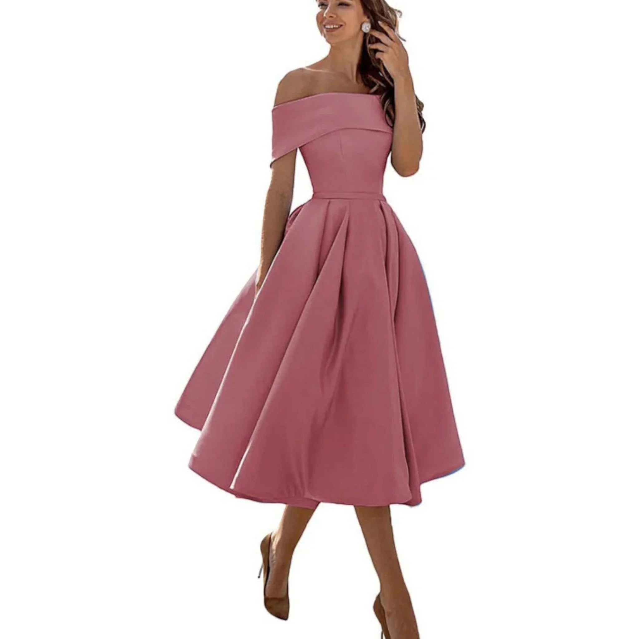 Giulia | Vestito Midi Spalle Scoperte Marrone