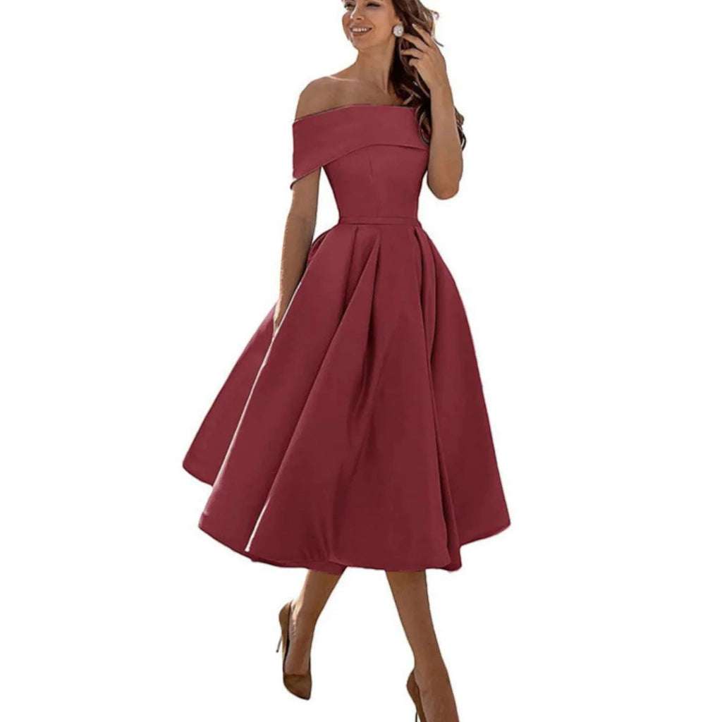 Giulia | Vestito Midi Spalle Scoperte Rosso Scuro