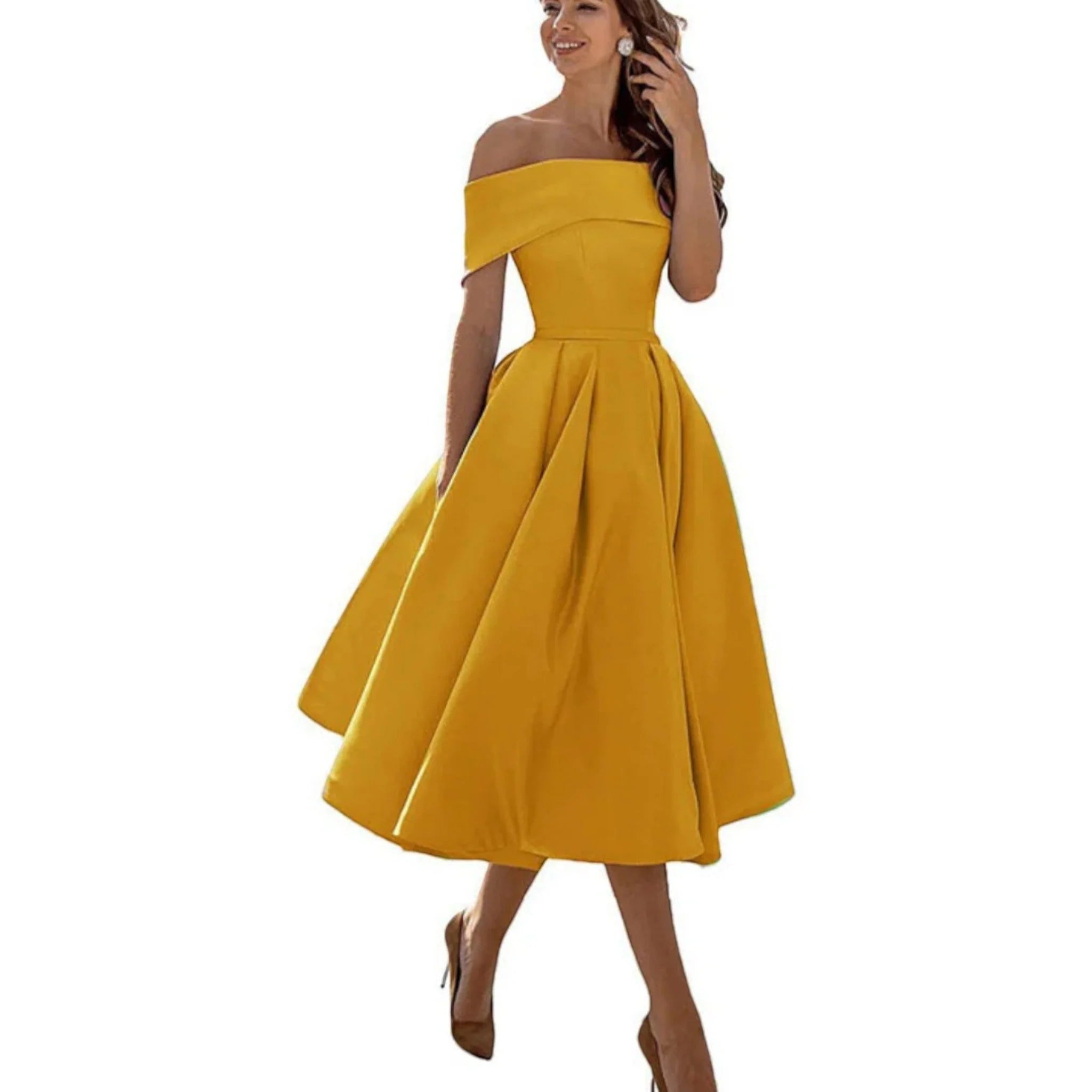 Giulia | Vestito Midi Spalle Scoperte Giallo