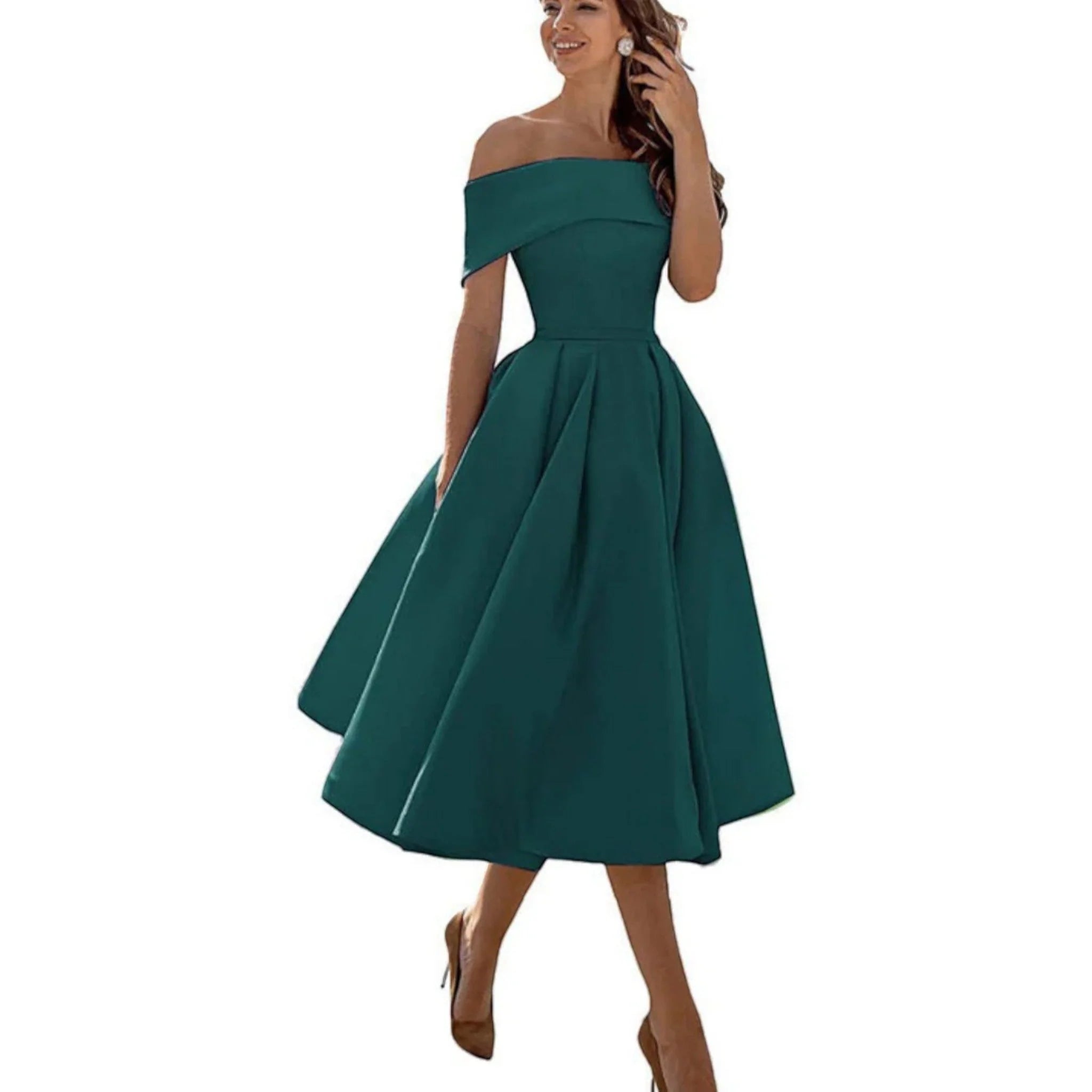 Giulia | Vestito Midi Spalle Scoperte Verde Scuro